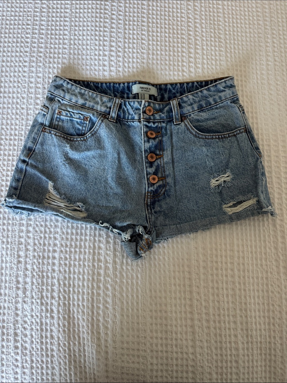 Forever 21 Light Blue Button-Front Distressed Denim Shorts